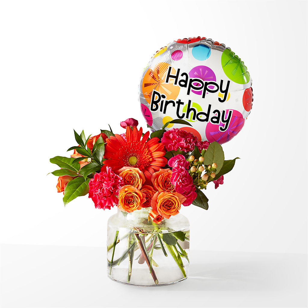Fiesta Bouquet with Birthday Balloon – Nela Park Florist Llc, East Cleveland OH