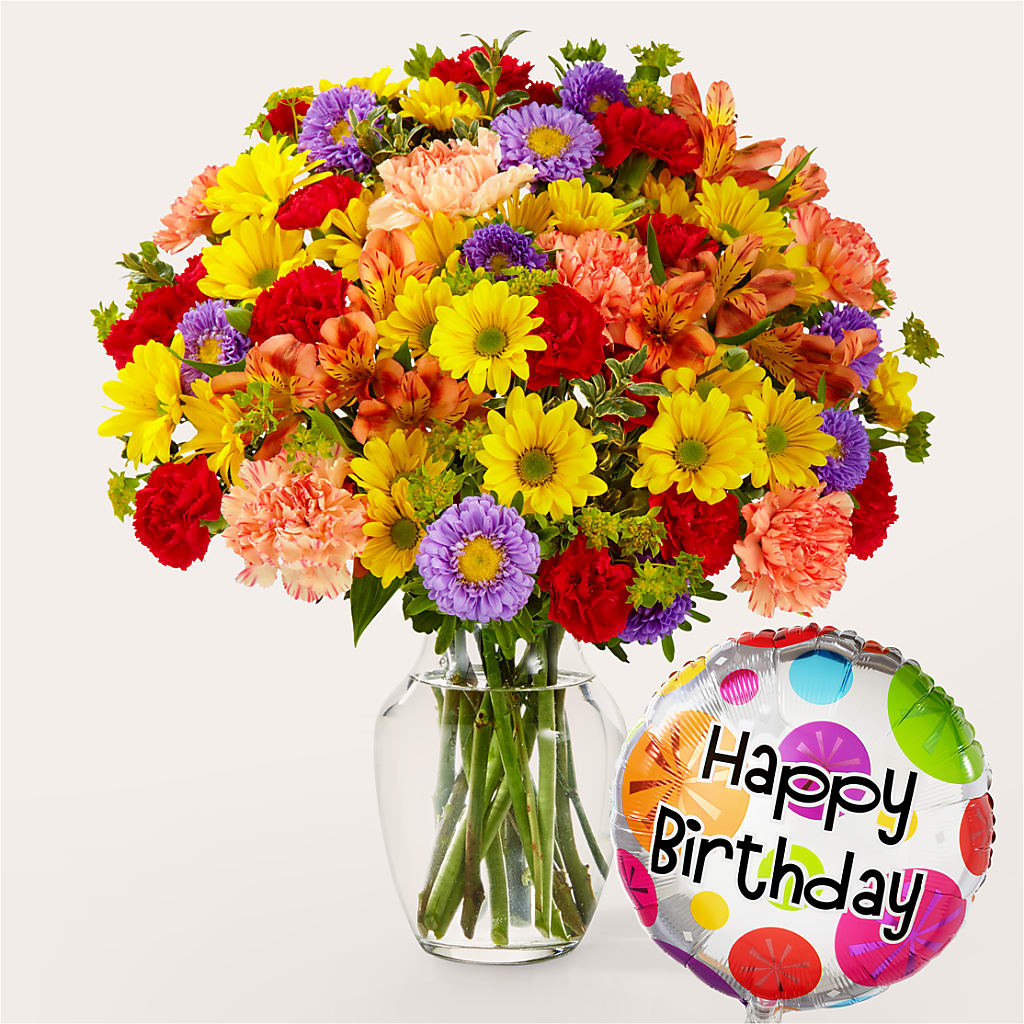 Kaleidoscope Bouquet with Birthday Balloon – Nela Park Florist Llc, East Cleveland OH
