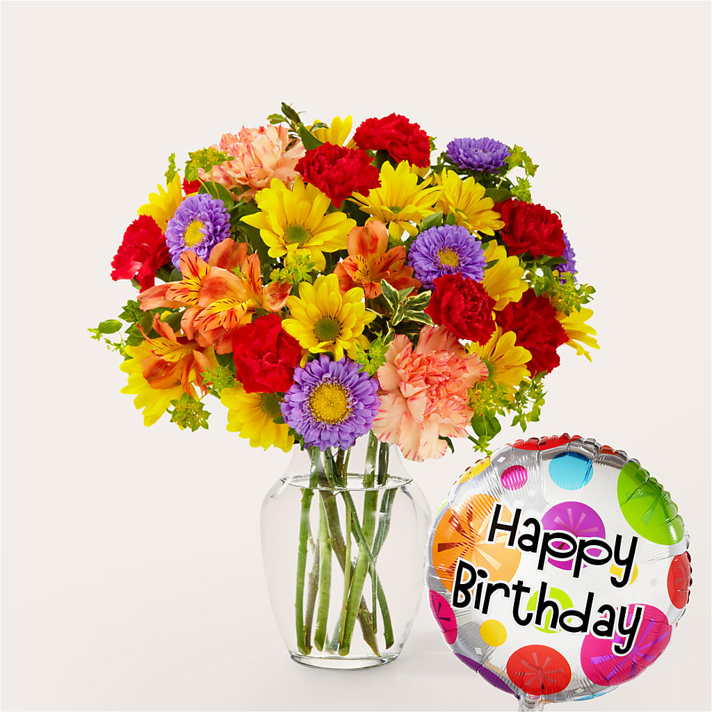 Kaleidoscope Bouquet with Birthday Balloon – Nela Park Florist Llc, East Cleveland OH