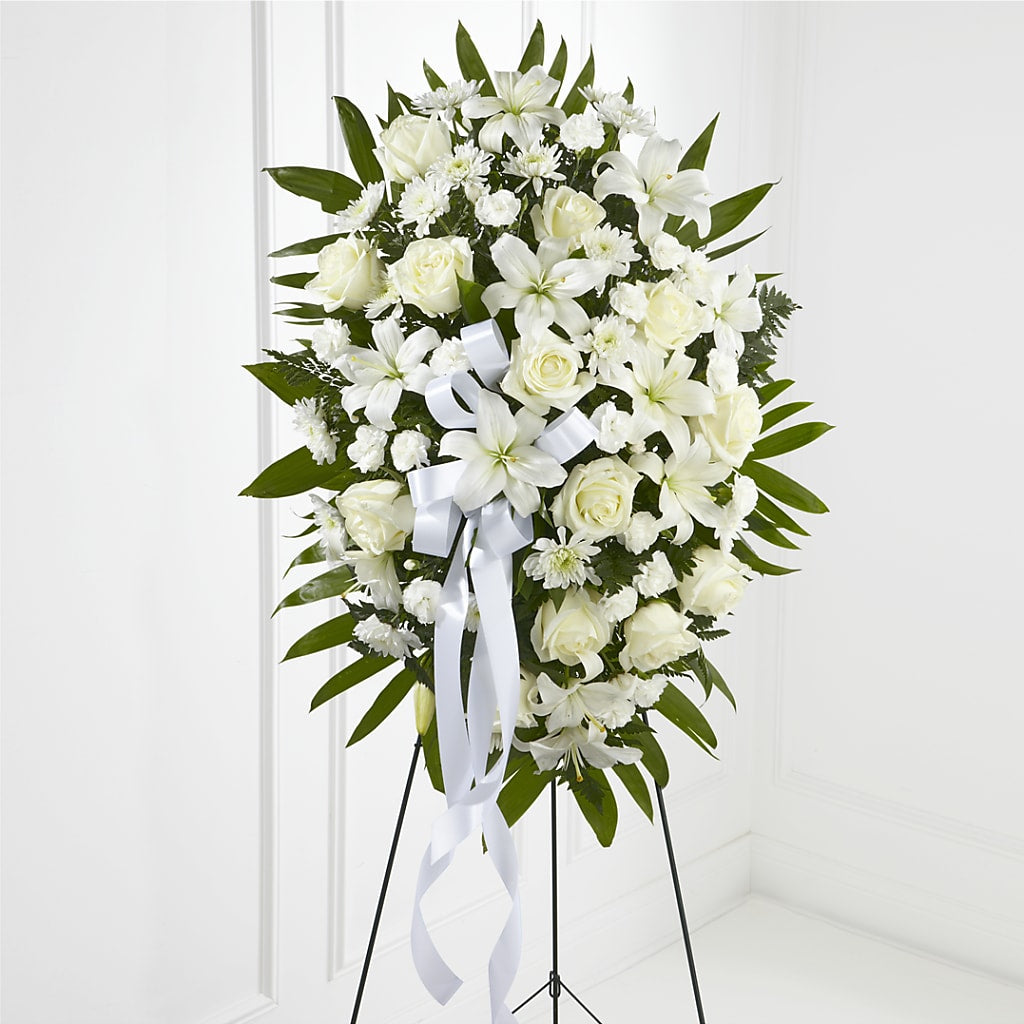 Exquisite Tribute Standing Spray-White Ribbon – Nela Park Florist Llc, East Cleveland OH